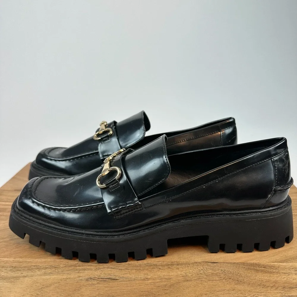 New Womens Open Edit Heather Black Faux Leather Horsebit‎ Lug Sole Loafers Sz 11